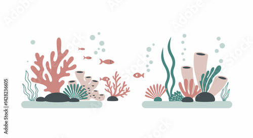 Stylized underwater ecosystem with colorful corals, fish, and aquatic plants illustration