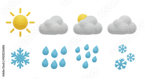 Weather icons collection featuring sun, clouds, rain drops and snowflakes