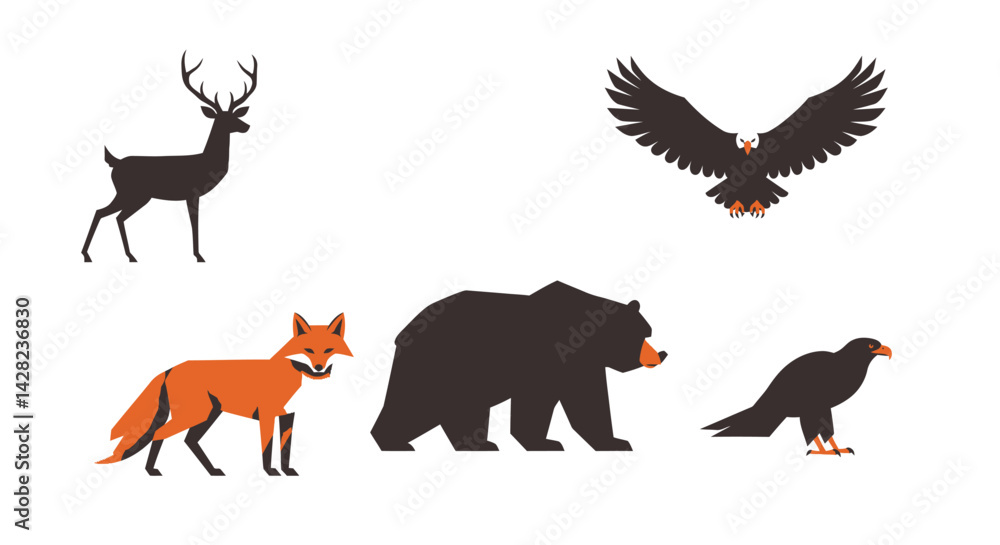 Graphical Illustration of Diverse Wildlife featuring Deer, Fox, Bear and Eagles Graphical Illustration of Diverse Wildlife featuring Deer, Fox, Bear and Eagles