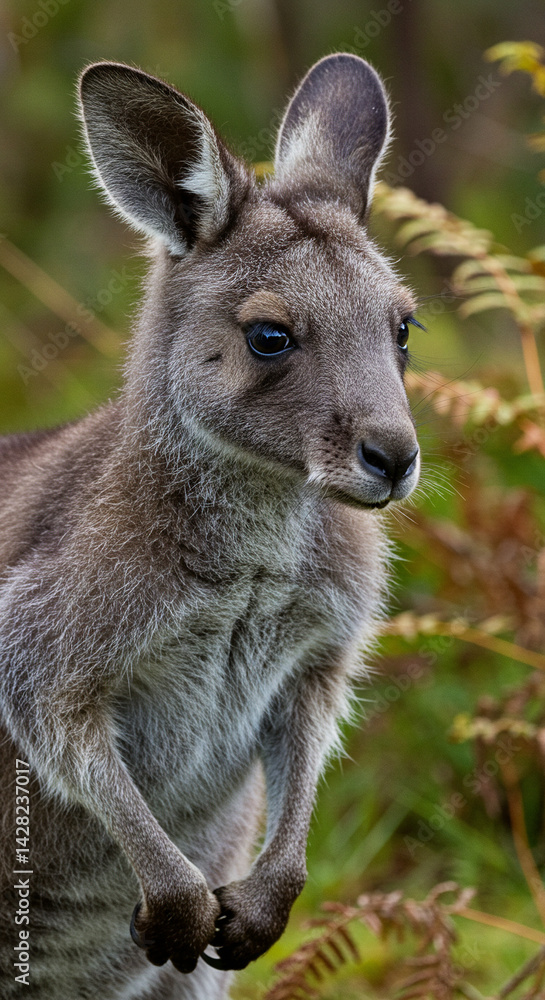 Fototapeta premium Kangaroo Standing Upright in Natural Habitat Close Up