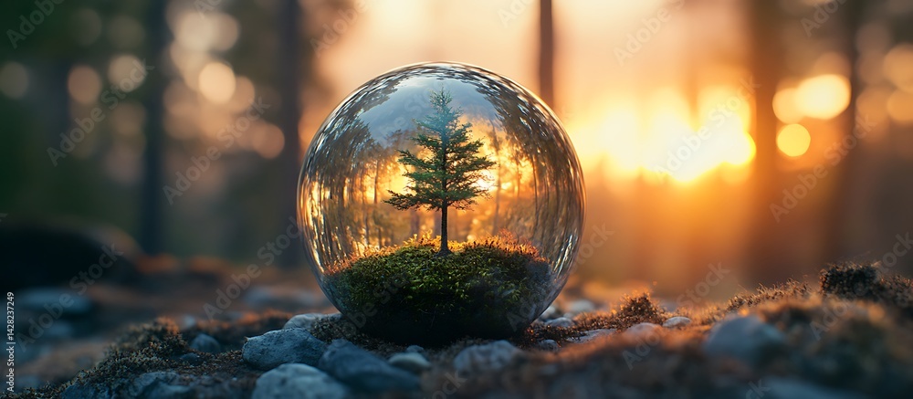 Obraz premium Tree in Glass Sphere – Environmental Conservation and Earth Protection Concept at Sunrise