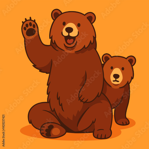 Cartoon Bear Raising Paw with Cub in Simple Graphic Style