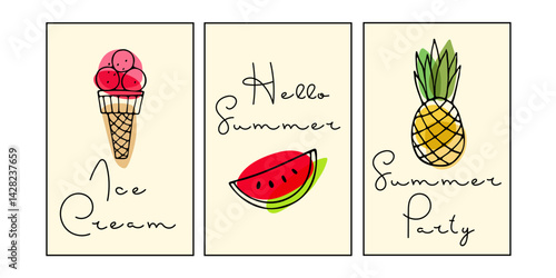 Summer banner set. Summer Handwritten Script quotes with fruits and Ice Cream sketch. Hand drawn lettering. Summer designs. Summer greeting banner. Doodle vector Background For poster, card, coupon.