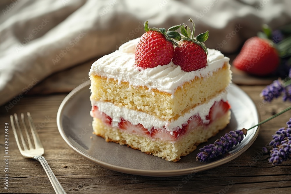 A slice of strawberry cake, showcasing layers of moist yellow cake, creamy frosting, and fresh strawberries. A slice of strawberry cake, showcasing layers of moist yellow cake, creamy frosting, and fresh strawberries.