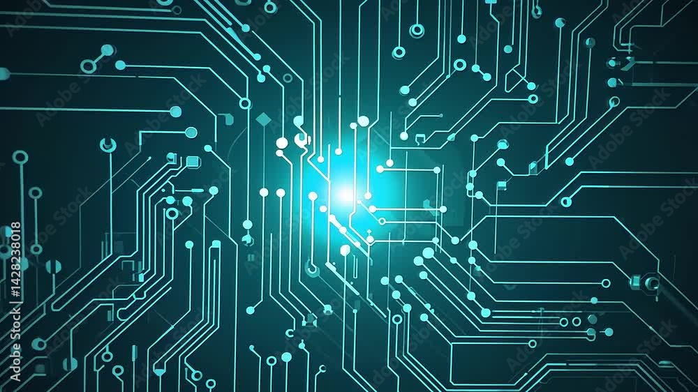 Abstract circuit board design with glowing lines and nodes, representing technology and innovation Abstract circuit board design with glowing lines and nodes, representing technology and innovation