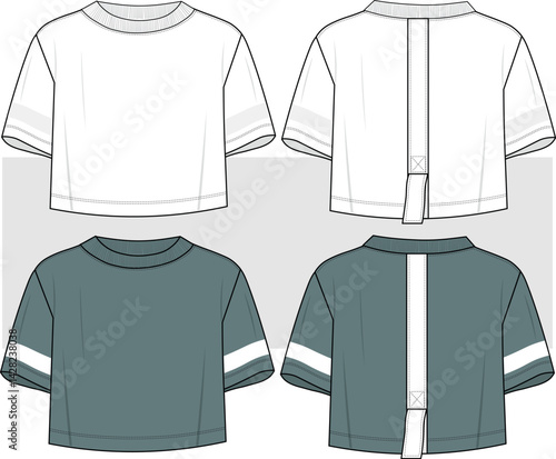 Basic cropped T-shirt fashion drawing, illustration. Technical flat Sketch Template With Round neckline oversized, cropped. tee shirt cad, mockup.