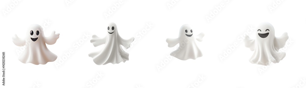 Cute white ghost figurines with happy expressions and playful poses in various styles Cute white ghost figurines with happy expressions and playful poses in various styles