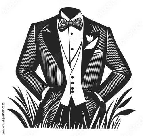 Elegant Tuxedo with Bow Tie in Classic Linocut Style Design