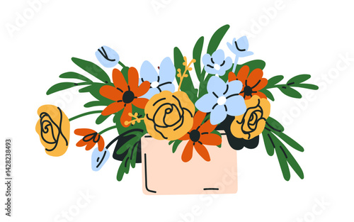 Flower bouquet in vase, box. Elegant spring floral arrangement, mixed summer ...