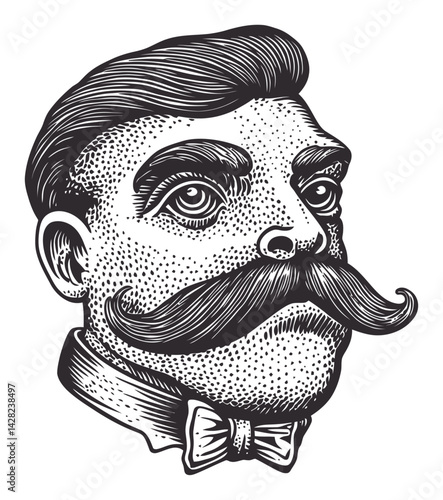 Vintage Hand-Drawn Portrait of a Mustached Man in Linocut Style