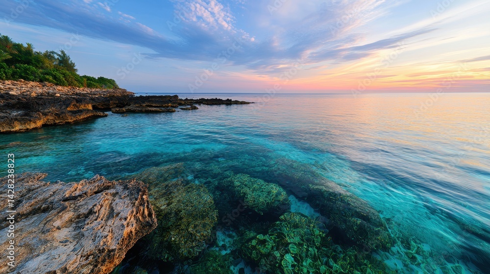 Fototapeta premium Serene Tropical Seascape at Sunset with Crystal Clear Waters and Rocky Shoreline in Tranquil Coastal Environment