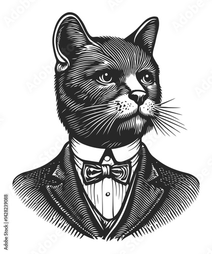 Hand-Drawn Cat Portrait in Linocut and Woodcut Style Design