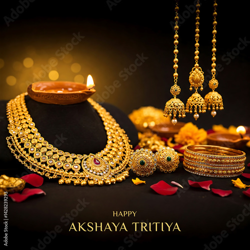 A luxurious Akshaya Tritiya Poster, gold  jewellery earrings. Dark Background