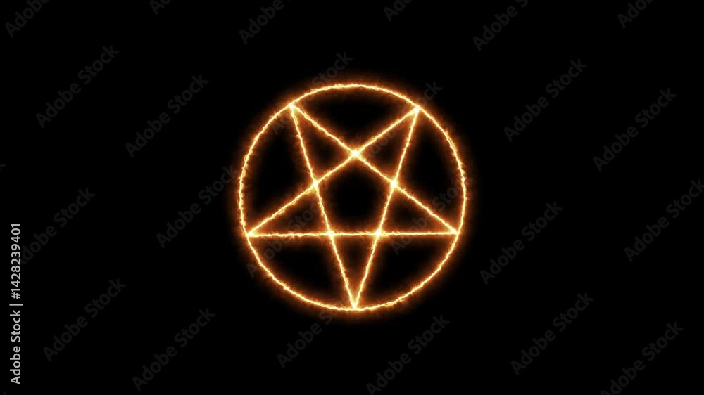 Mystical bright neon fire effect pentacle or inverted pentagram in circle on black background. Five pointed star.