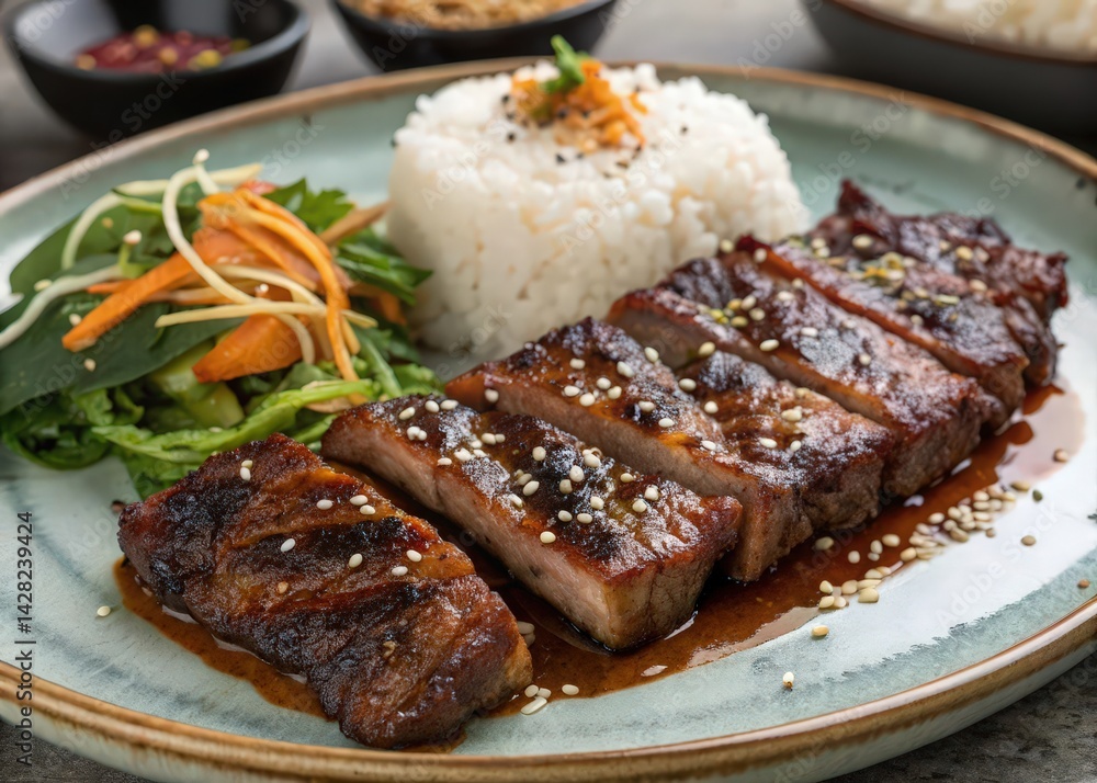 plate of grilled meat with sesame seeds, served with rice and salad. plate of grilled meat with sesame seeds, served with rice and salad.