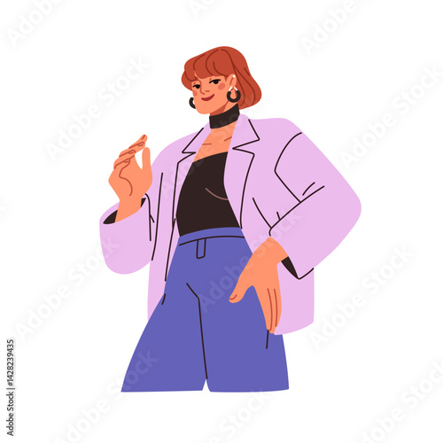 Woman in modern clothes, fashion style outfit. Young female posing in blazer,...