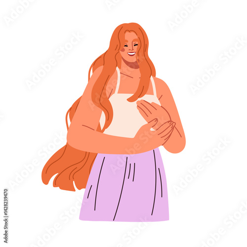 Young woman with long wavy red hair smiling. Happy calm pretty gentle young f...