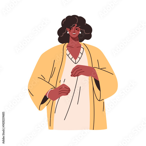 Black woman in loose cardigan and dress. Elegant stylish African-American fem...