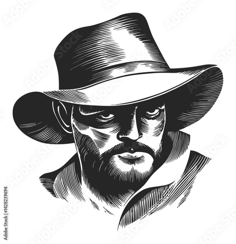 Hand-Drawn Portrait in Linocut Style Featuring Man with Hat