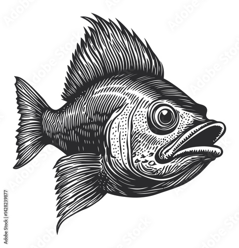 Hand-Drawn Fish Illustration in Linocut Woodcut Black and White Style
