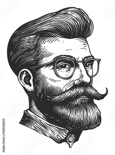 Hand-Drawn Linocut Style Portrait of a Bearded Man with Glasses