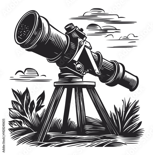 Hand-Drawn Linocut Style Telescope Illustration for Artistic Projects