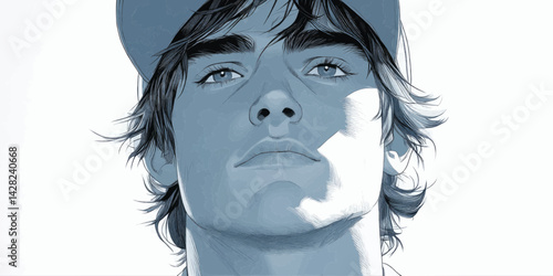 slightly blue-toned portrait illustration of a young man wearing a cap and looking upwards with a thoughtful expression for youth lifestyle blogs,casual fashion websites,and introspective themes