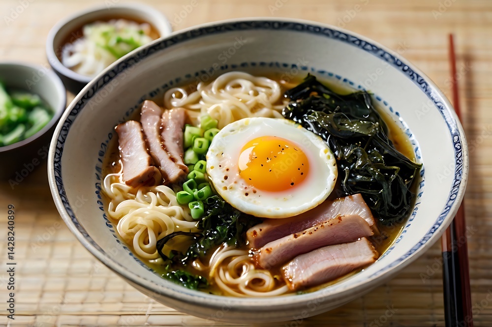 Savory ramen features tender pork slices, seaweed, a perfectly cooked egg, and spring onions in a rich broth. Savory ramen features tender pork slices, seaweed, a perfectly cooked egg, and spring onions in a rich broth.