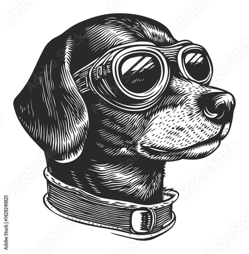 Vintage Hand Drawn Dog with Goggles in Linocut and Woodcut Style