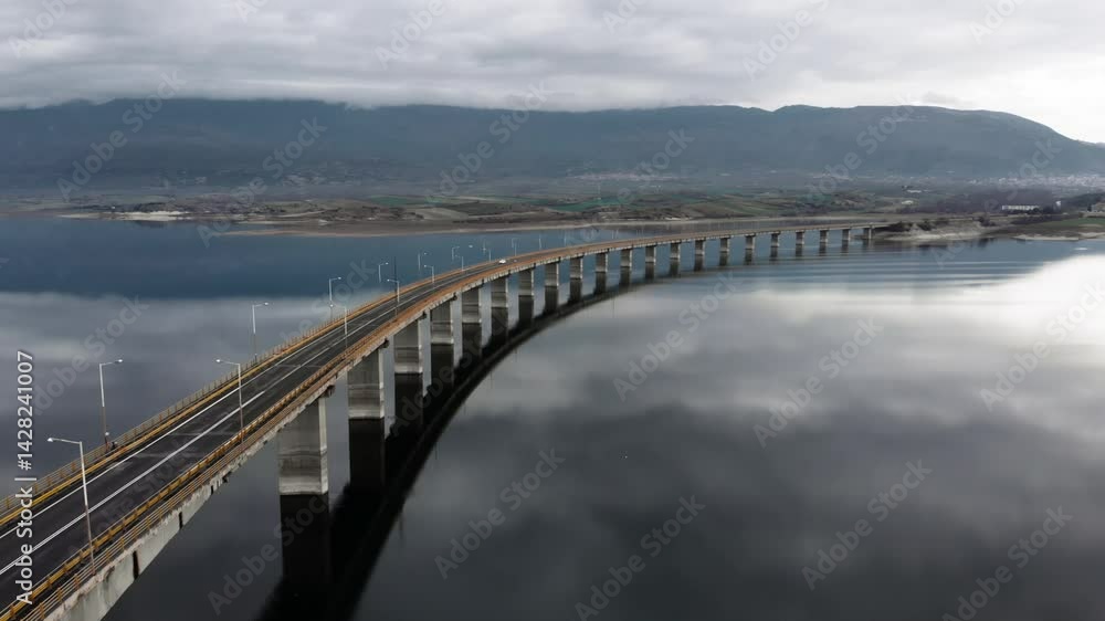 wide aerial View of High Bridge of Servia at lake polyfytos Kozani greece while tracking following cars , we see the reflection of the clouds at the lake and the bridge at the middle of the frame wide aerial View of High Bridge of Servia at lake polyfytos Kozani greece while tracking following cars , we see the reflection of the clouds at the lake and the bridge at the middle of the frame