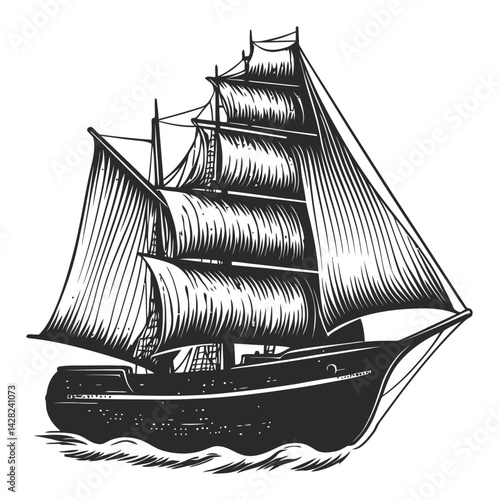 Hand-Drawn Linocut Style Ship Illustration with Sails and Waves