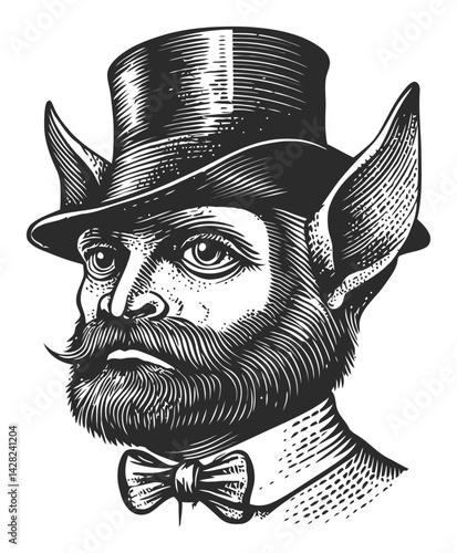 Detailed Linocut Illustration of a Bearded Man in a Top Hat