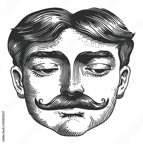 Vintage Linocut Portrait of a Man with a Mustache in Black and White