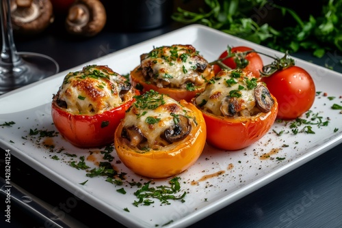 Delicious stuffed tomatoes with mushrooms and cheese, sprinkled with parsley on white plate