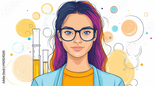 Bright cartoon portrait of a female scientist with glasses surrounded by abstract scientific elements for science education websites,STEM blogs and creative research themes.