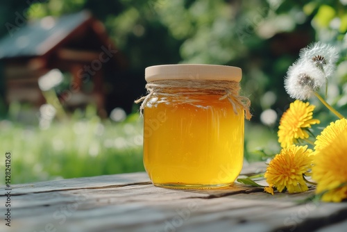 Glass jar of fresh honey with dandelion flowers on wooden table in garden setting