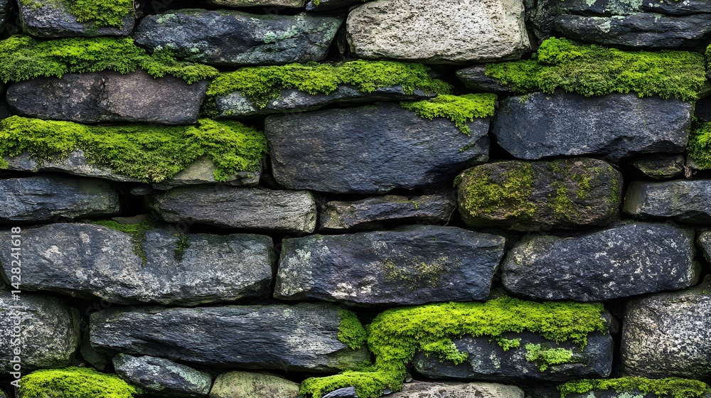 Moss-covered stone wall, close-up view. Moss-covered stone wall, close-up view.