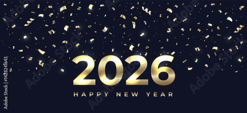 Happy new year 2026. Golden Christmas confetti explosion and golden gradient numbers on dark background. Celebration background with golden . Shiny golden serpentine, tinsel falling over number 2026