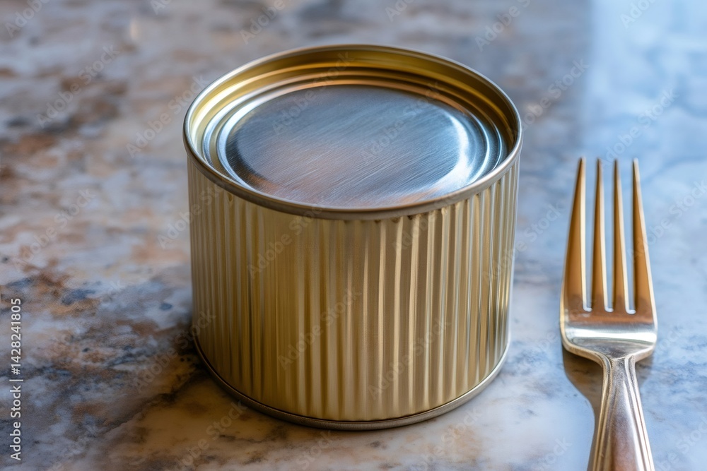 Closed tin can and fork resting on marble table