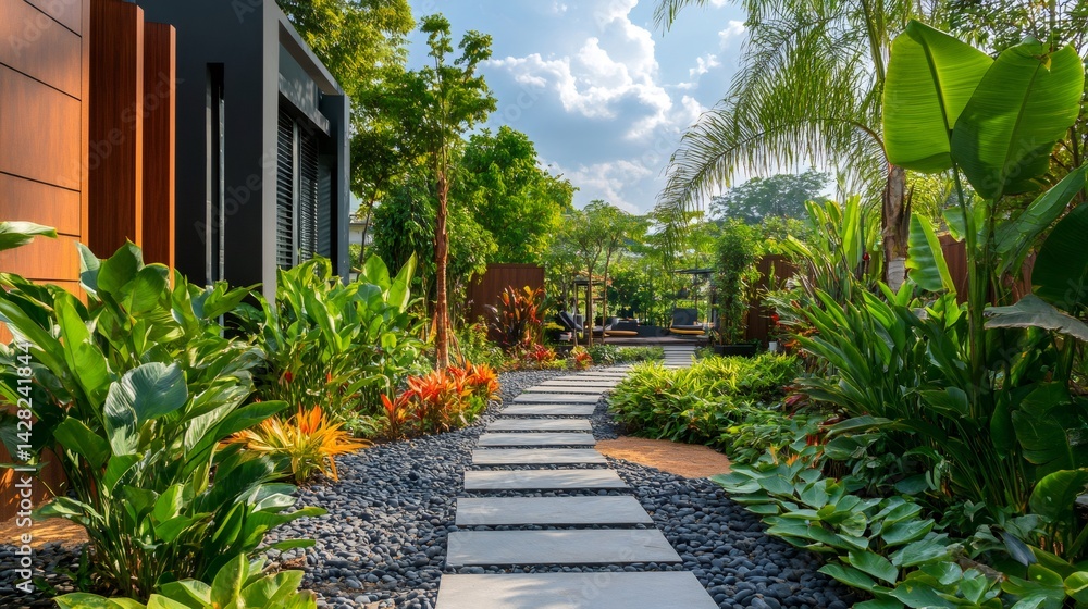 Stone garden path leading to relaxing area in tropical resort