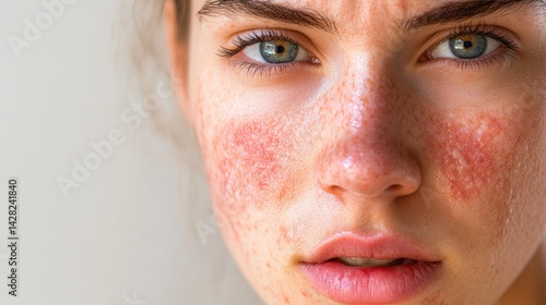 Close-up portrait of a woman's face with red blotches.