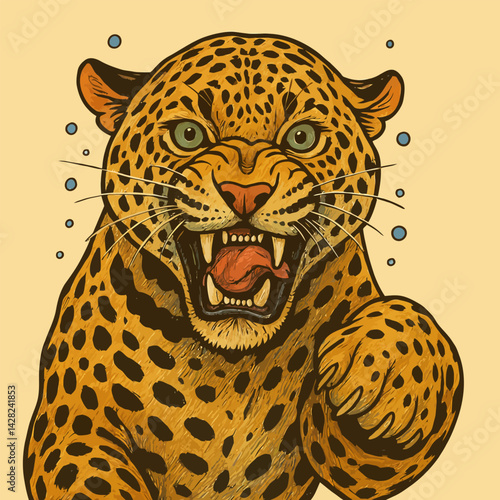 Growling Leopard Artwork with Spots and Sharp Teeth Displayed Fiercely