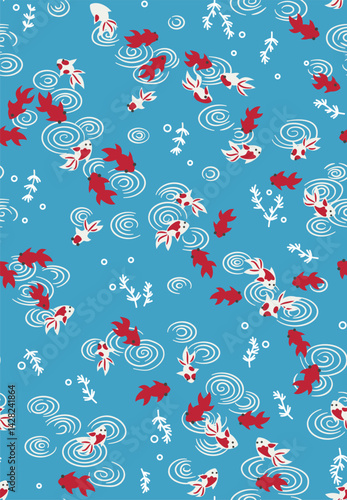Seamless pattern of goldfish swimming, perfect for
aquatic-themed designs and projects.