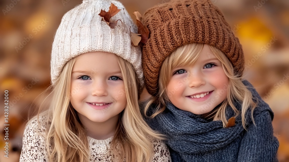Obraz premium Two smiling blonde girls wearing knitted hats enjoying autumn day
