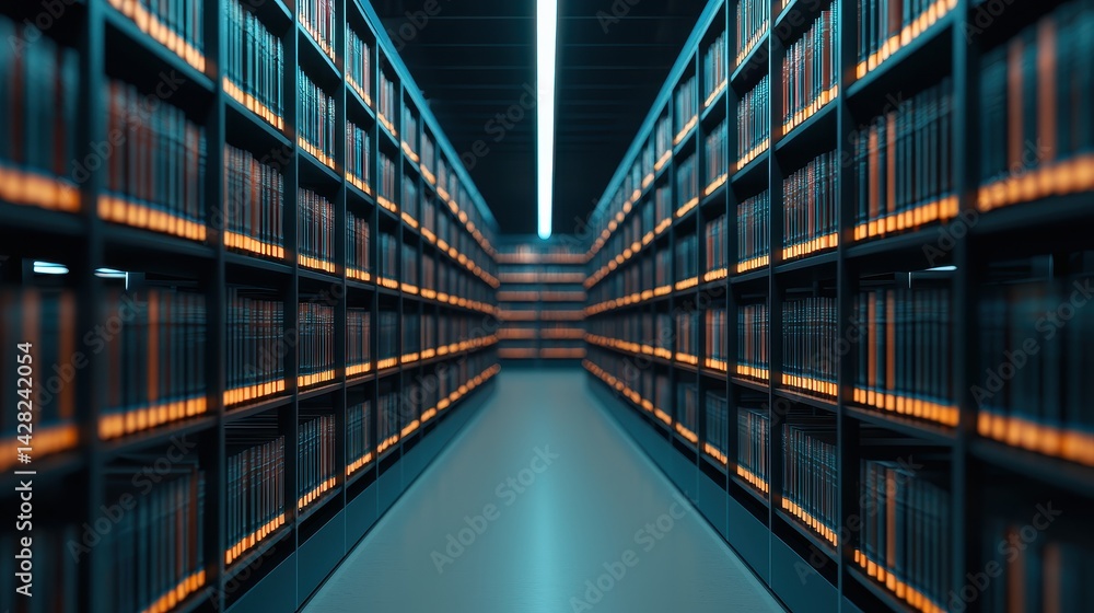 Fototapeta premium Vast Library Aisle with Luminous Shelves Filled with Books in a Modern, Well-Lit Space