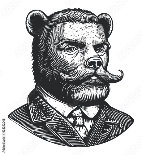 Vintage Hand-Drawn Linocut of a Bear with a Mustache and Suit