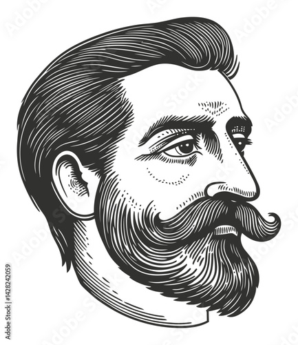 Hand-Drawn Linocut Portrait of a Mustachioed Man in Classic Style