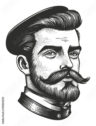 Detailed Hand-Drawn Linocut Style Illustration of a Mustachioed Man