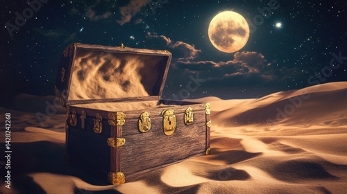 Fototapeta Naklejka Na Ścianę i Meble -  Ancient chest half open, resting under a moonlit sky with sand blowing across its surface