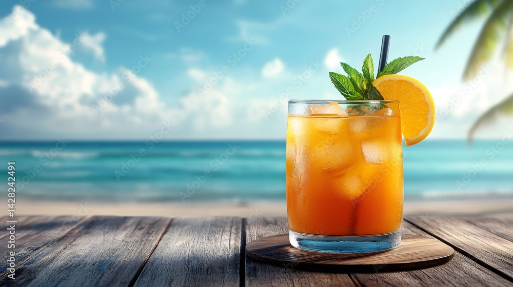 Refreshing iced tea enjoying tropical beach view on wooden table